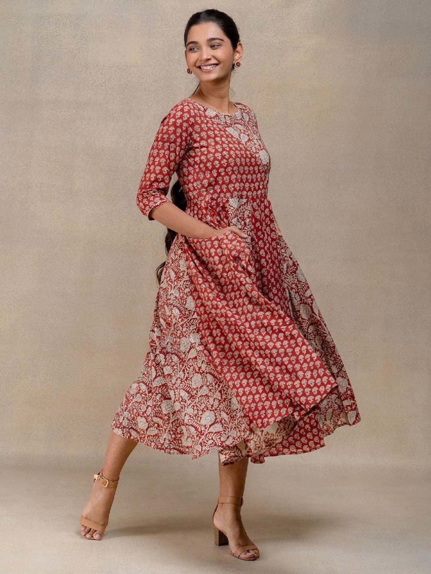 Okhai Red Floral Print Pure Cotton Ethnic Dress