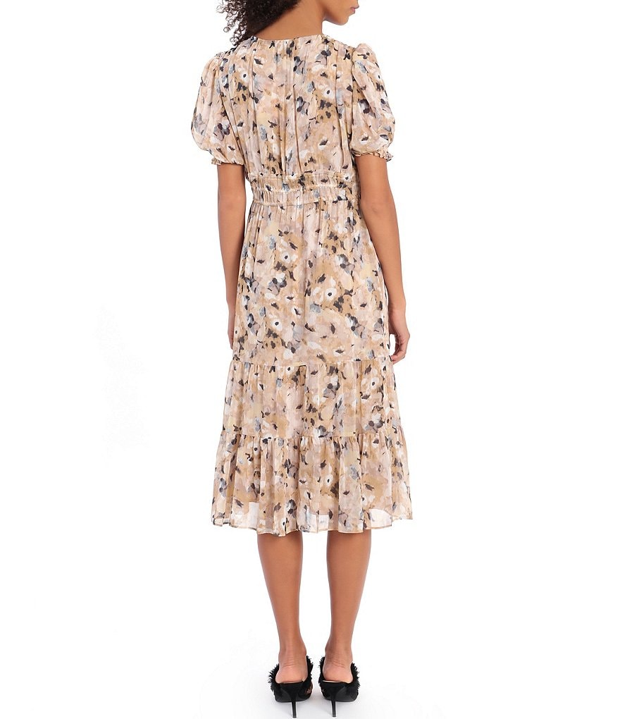 Maggy London Printed Chiffon Puff Sleeve Ruffle Hem Dress