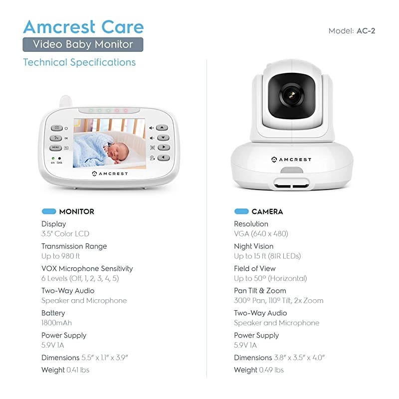 AC2 Video Baby Monitor with Camera and Audio 3 LCD Display TwoWay Audio Temperature and VoiceAudio Alarm VOX Mode PanTiltZoom Security Camera Night Vision 980ft Transmission Range