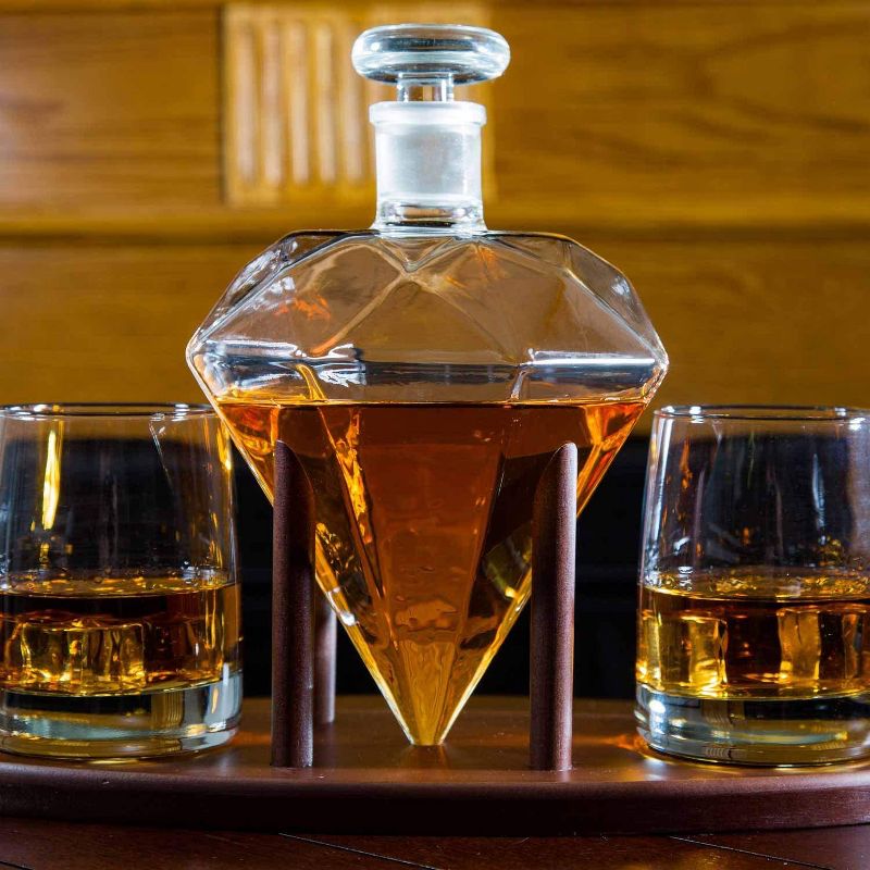 Atterstone Unique One of a Kind Diamond Decanter Home Bar Set with Whiskey Ice Cube Chiller Stones and 2 Lowball Drinking Glasses