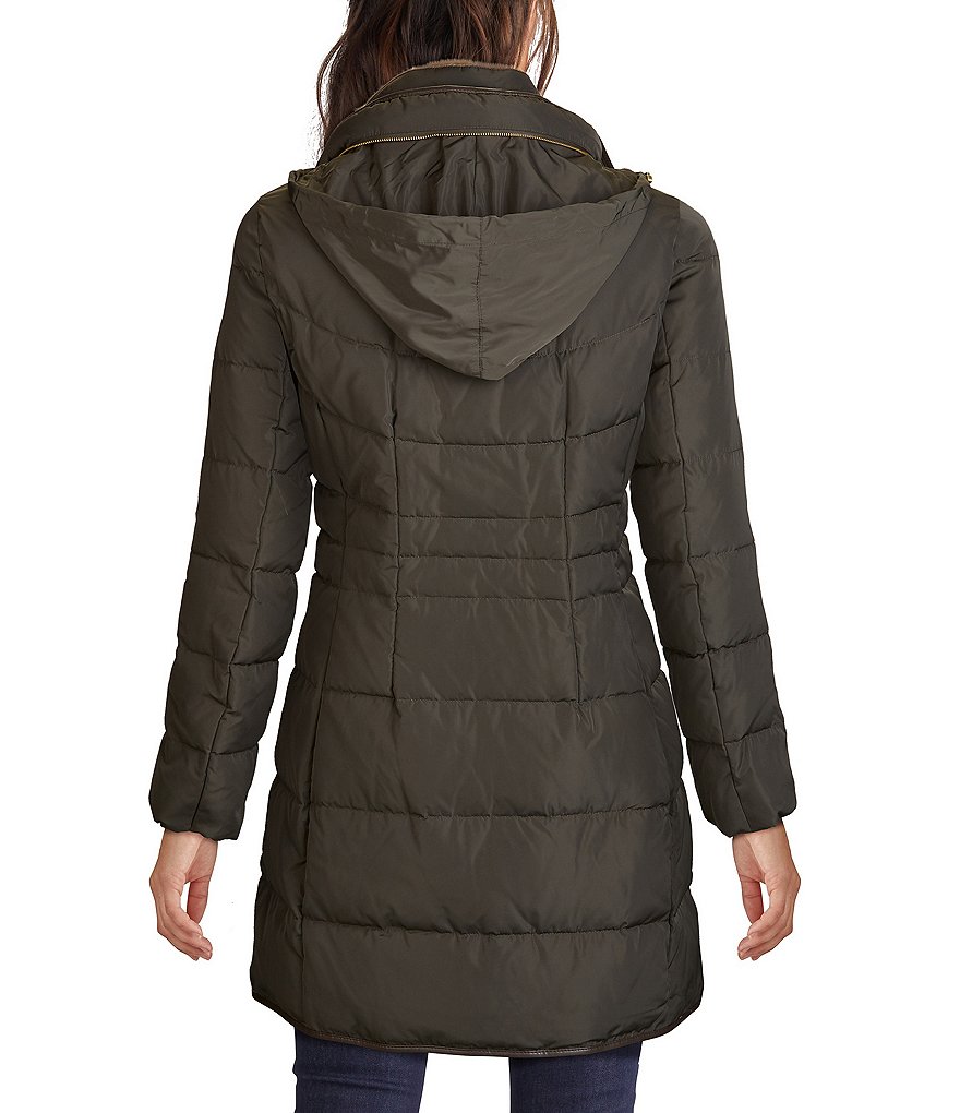 Kenneth Cole New York Short Water-Resistant Stand Collar Hooded Long Sleeve Chevron Puffer Jacket