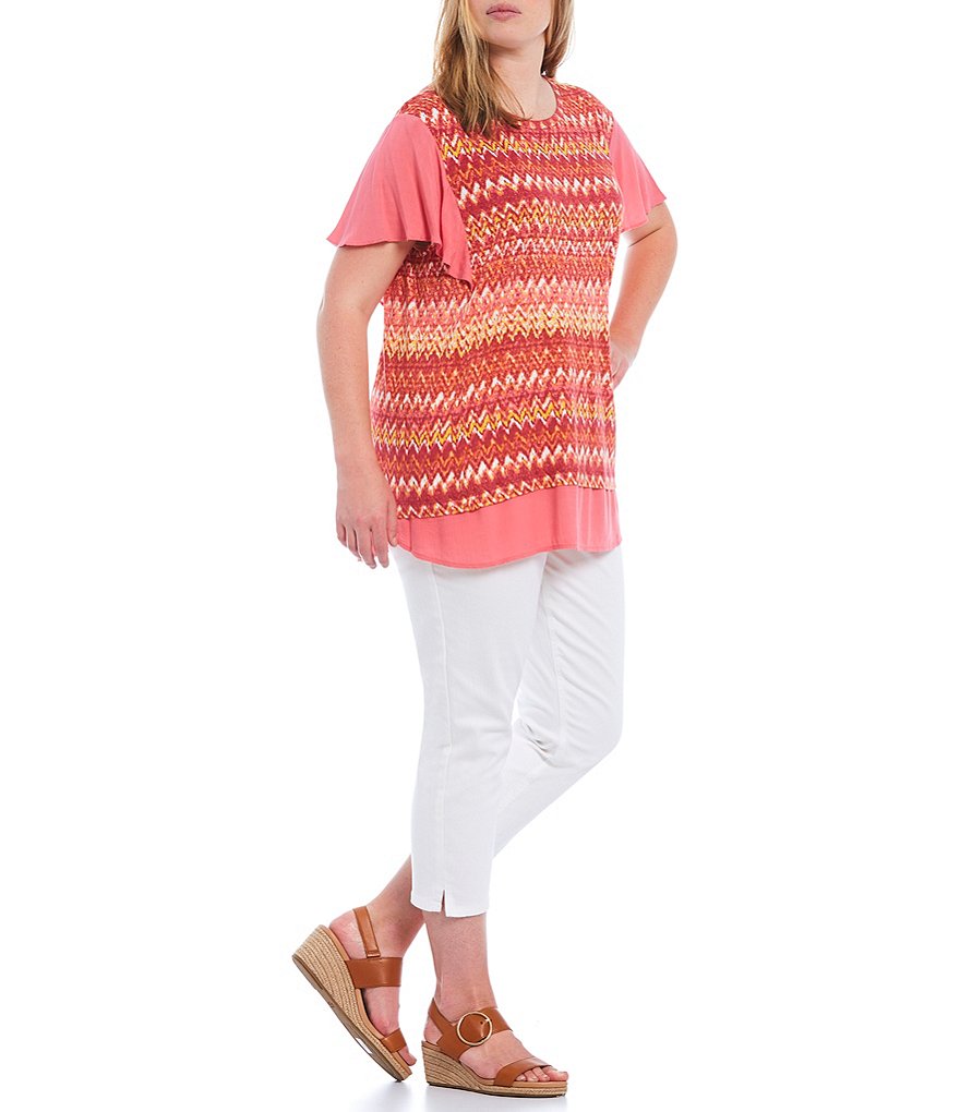 Westbound Plus Size Hazy Stripe Mixed Media Jewel Neck Flutter Short Sleeve Top