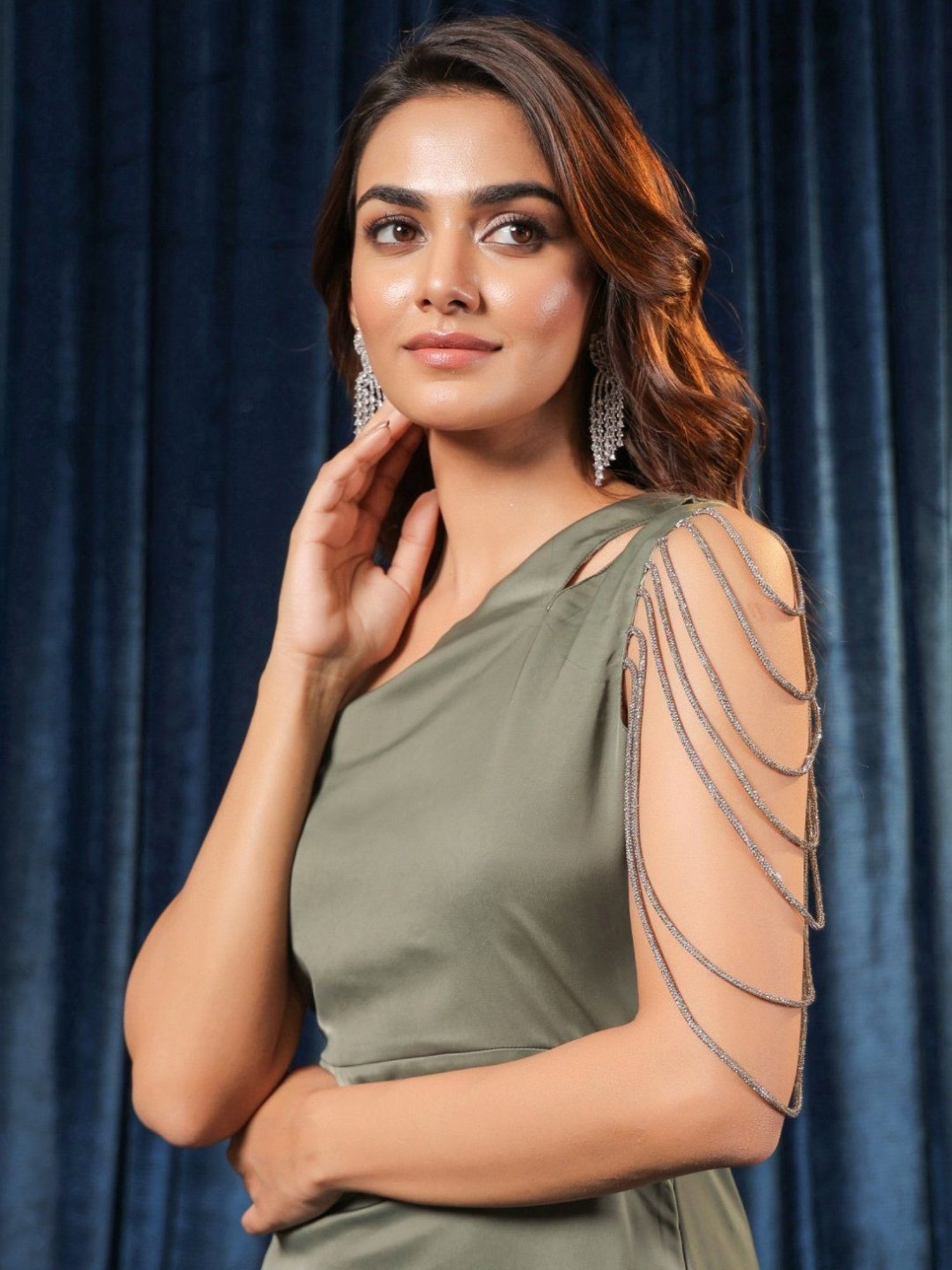 BInfinite Olive Sparkle Sorbet Elegance Chain-drape Dress