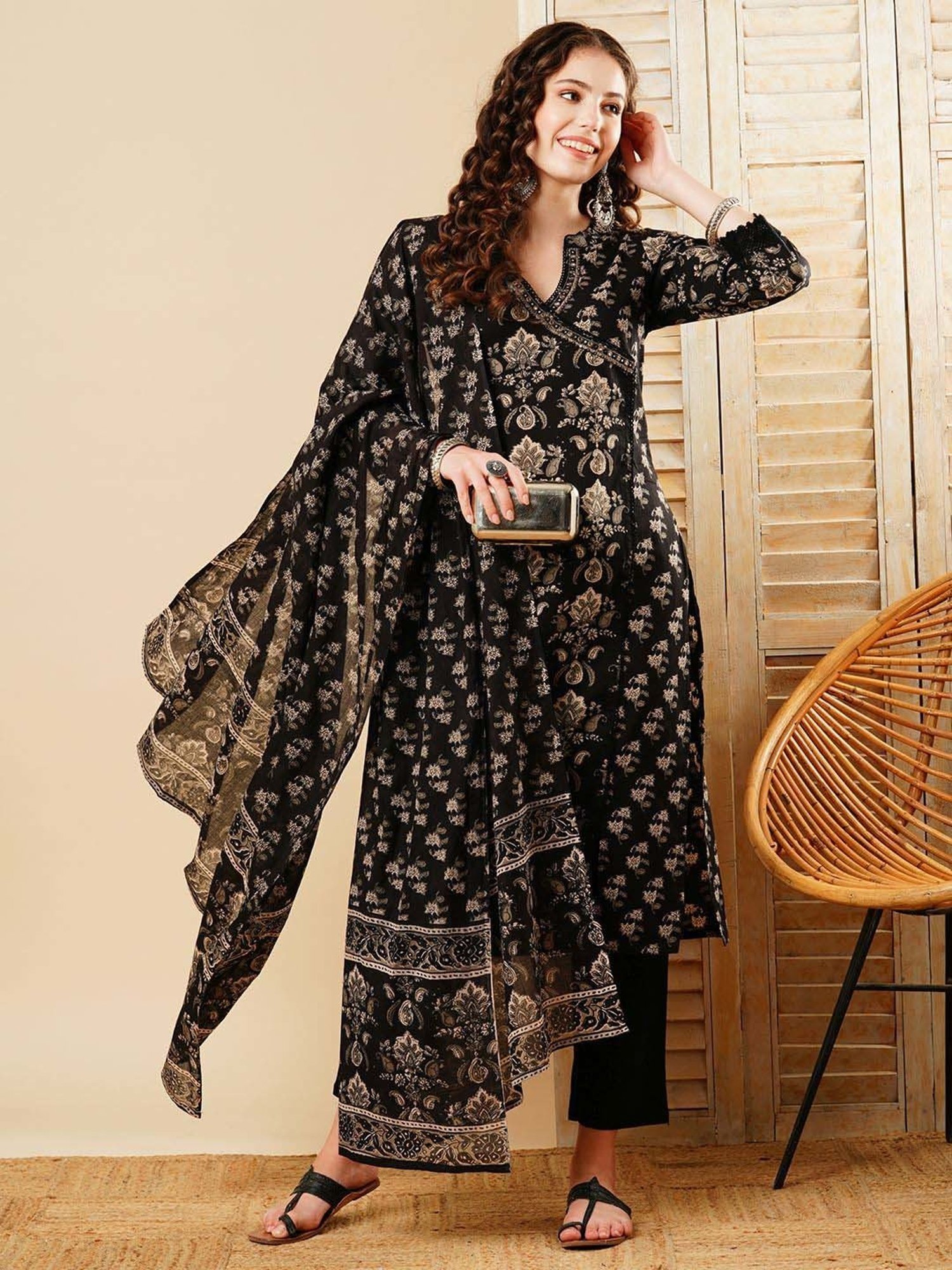 Fashor Black Cotton Floral Print Kurta & Pant Set With Dupatta