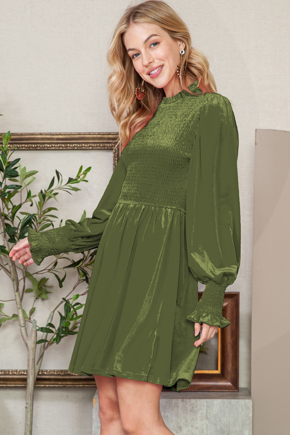 Green Smocked Lantern Sleeve Frilled Velvet Dress