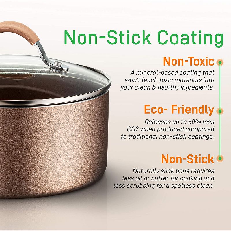 NutriChef Metallic Nonstick Ceramic Cooking Kitchen Cookware Pots and Pan Set with Lids, Utensils, and Cool Touch Handle Grips 14 Piece Set, Bronze