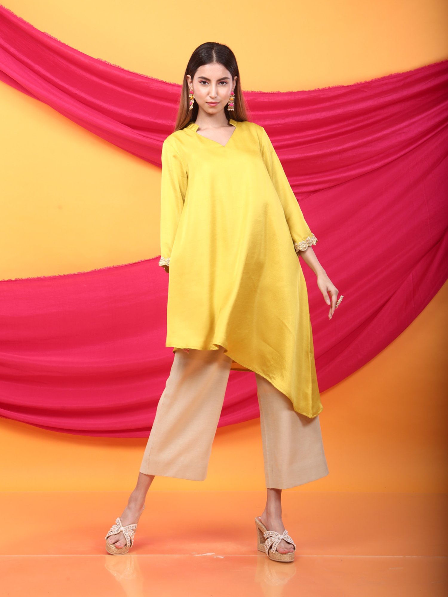 Monk & Mei Nusrat Assymetrical Kurta and Pant Co-ord Set-Canary Yellow and gold