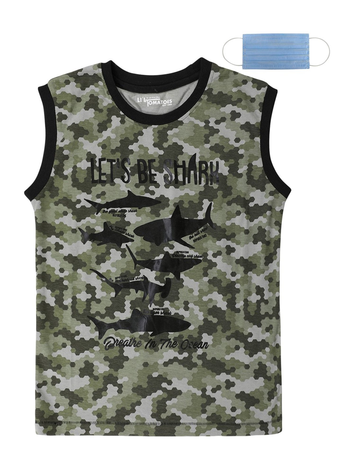 Li'l Tomatoes Kids Pigment Green Cotton Printed T-Shirt & Mask