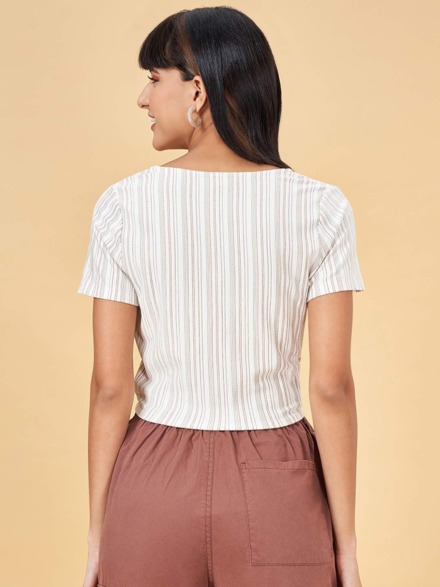 People by Pantaloons White Cotton Striped Crop Top