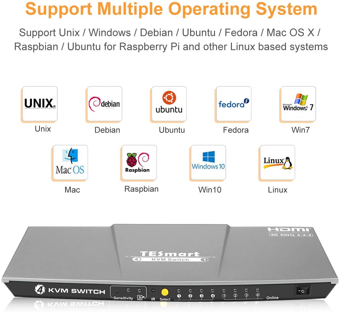 TESmart HDMI KVM Switch 4 ports 4 in 1 out  , support 4k 3840*2160@60Hz 4:4:4  Support HDR 10 and Dolby Vision ,Complaint with HDCP 2.2, With USB2.0 and audio output ports