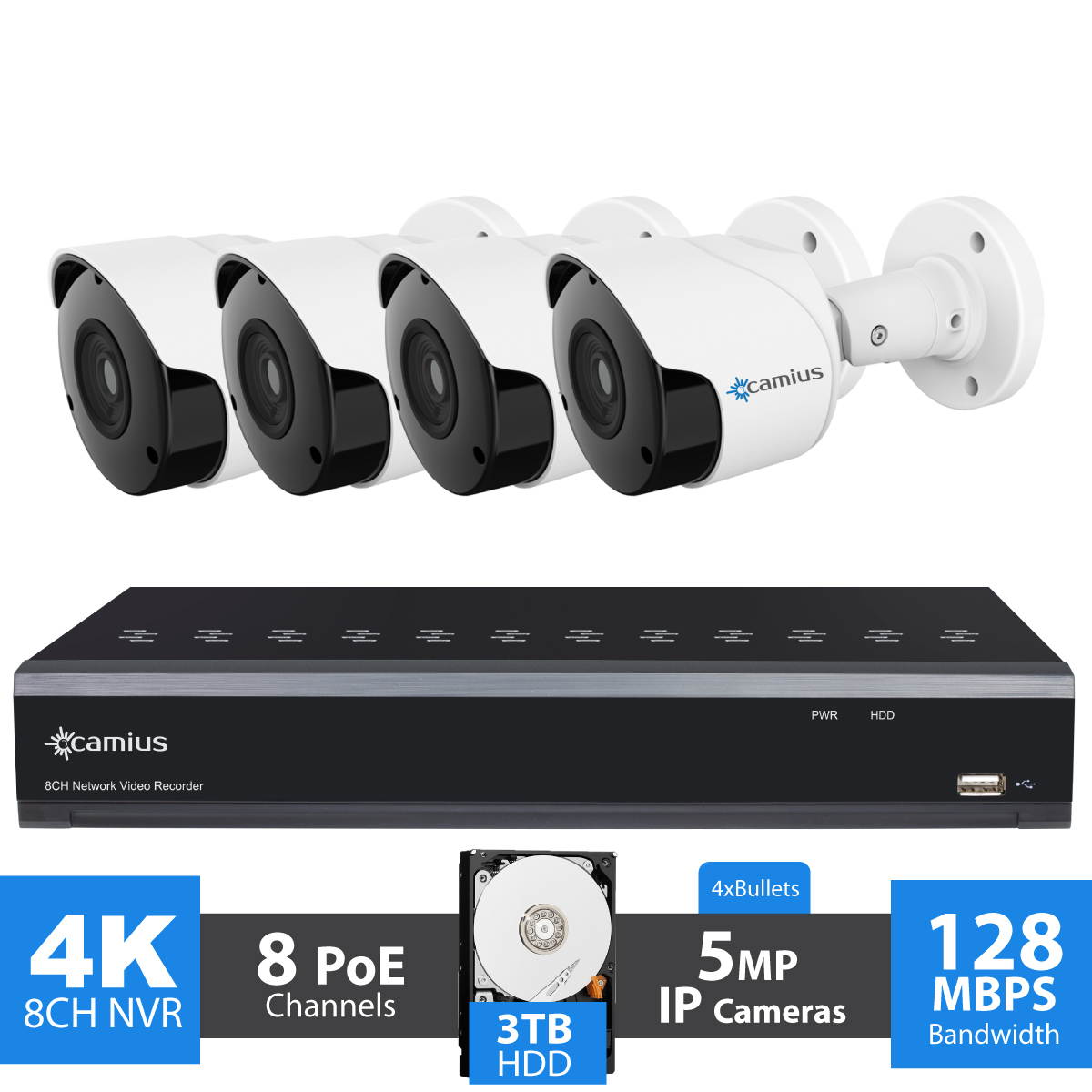 Camius PoE 8 Channel NVR Security Camera System with 3TB HDD, (4) Wired 5MP Outdoor IP PoE Bullet Cameras with motion, sound detection, Night Vision, NVR Software, Browser Viewer, Mobile App 8P4B3T