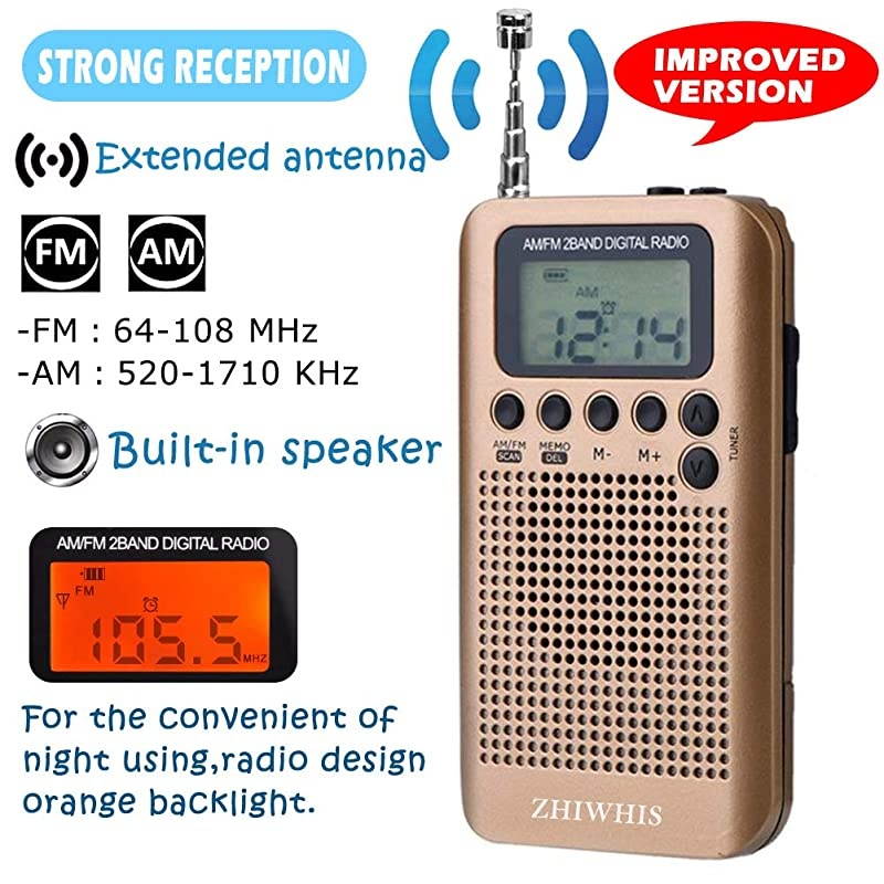 Mini LCD AM FM Battery Operated Portable Pocket Radio with Built-in Speaker and 3.5mm Headphone Jack, Powered by 2AAA Battery Digital Alarm for Walking,Travel