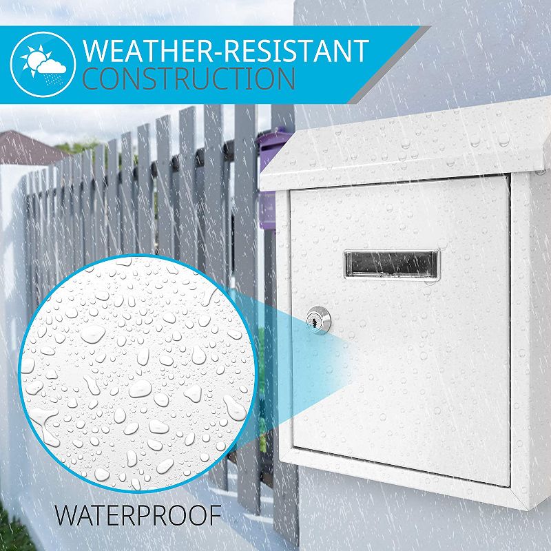 SereneLife SLMAB01 Home Indoor Outdoor Galvanized Steel Metal Wall Mount Locking Mailbox Newspaper Holder with View Window and Keys, White (2 Pack)