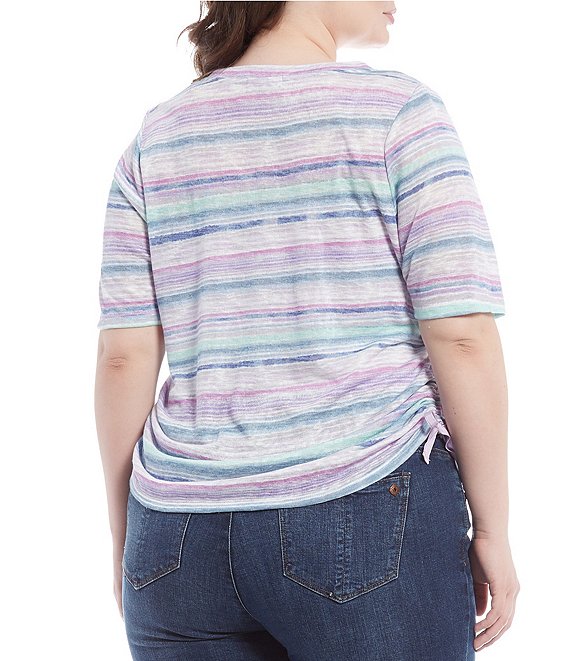 Democracy Plus Size V-Neck Short Sleeve Side Ruched Stripe Knit Tee