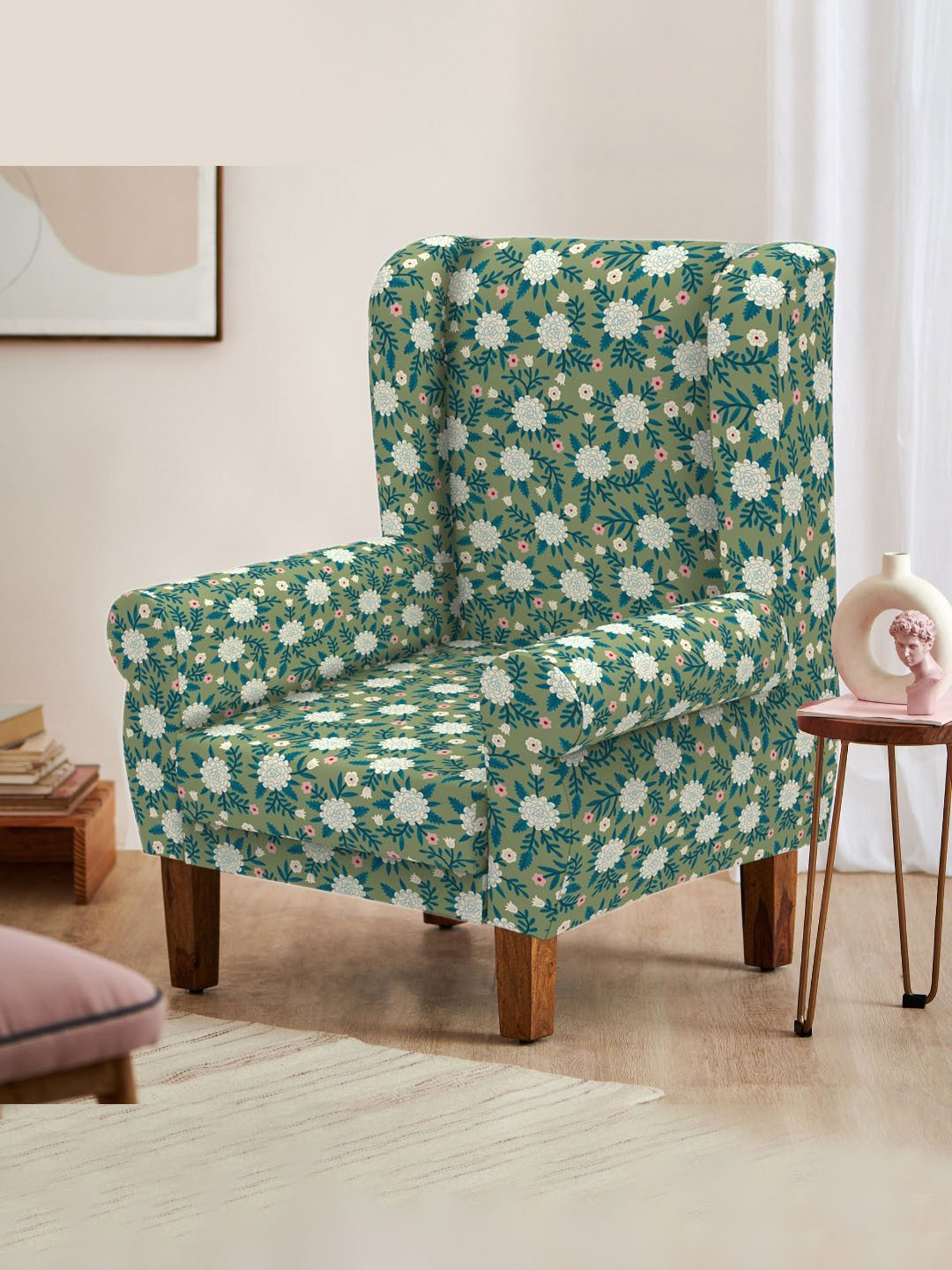 Chumbak Spring Marigold Floral Green Sheesham Wood Begum Wing Chair
