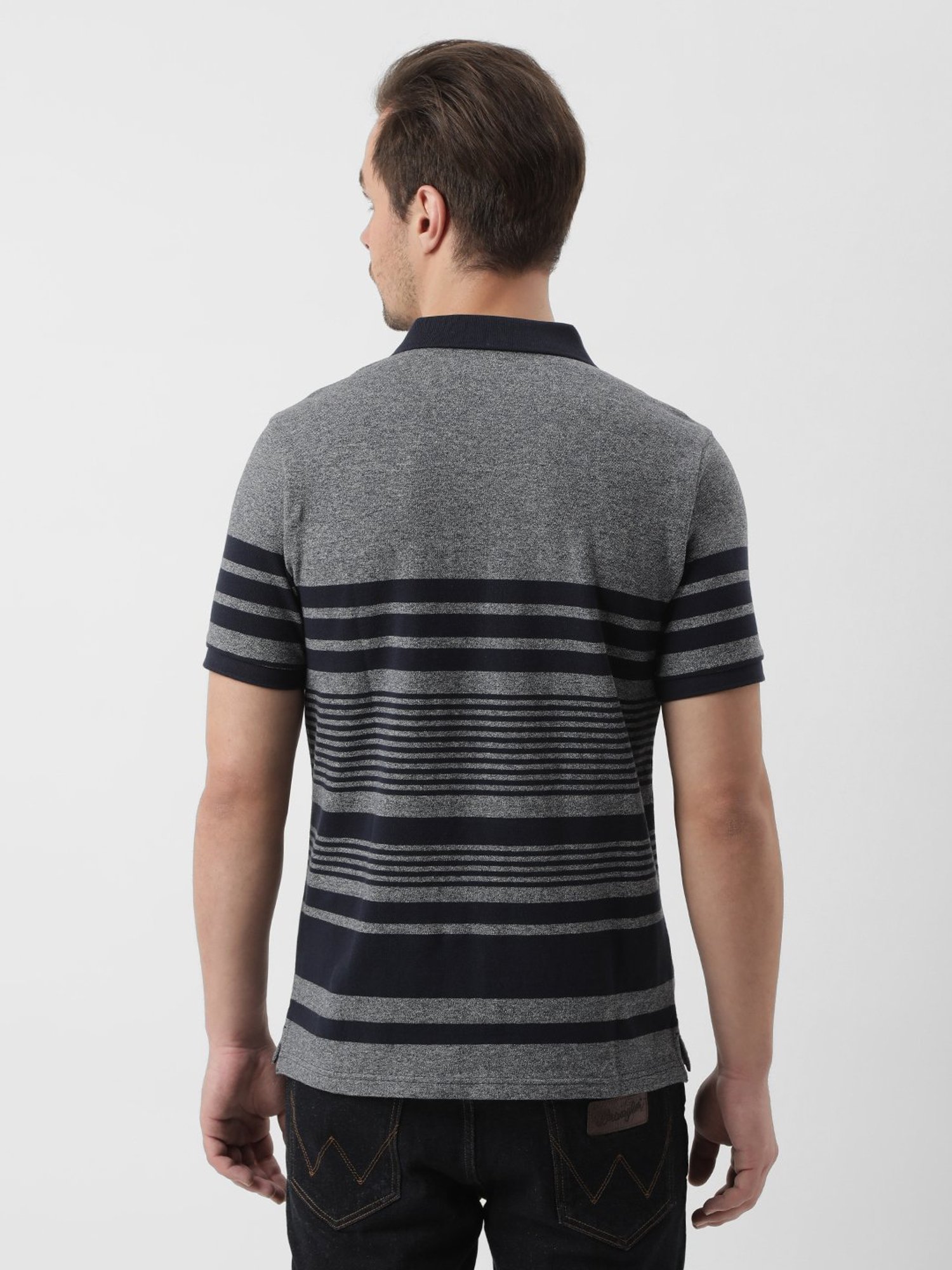 Wrangler Navy & Grey Regular Fit Striped Polo T-Shirt