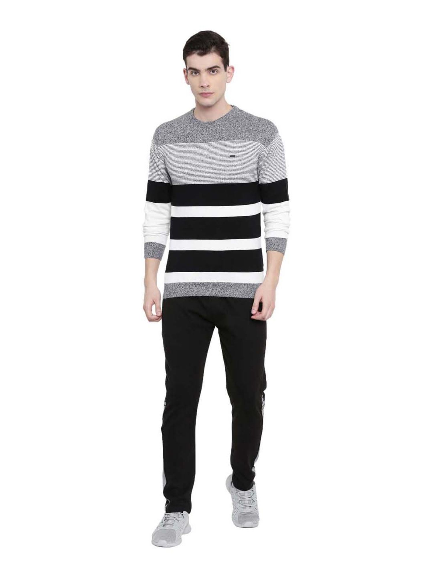 Proline Black & White Regular Fit Striped Sweater