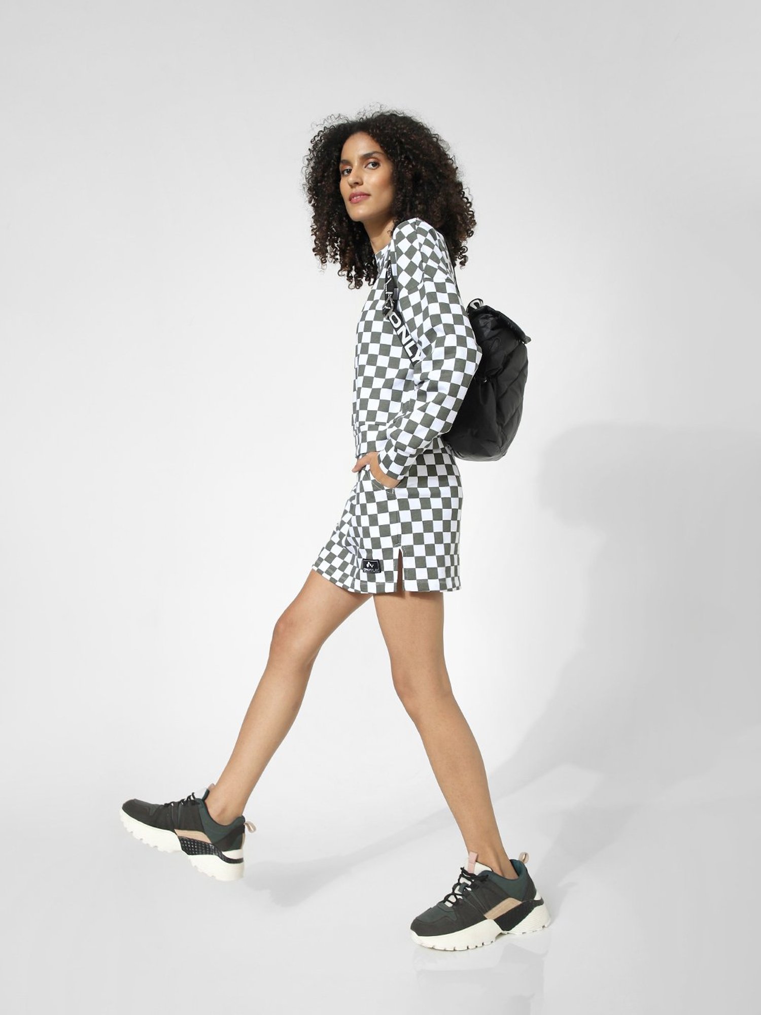 Only White & Grey Cotton Checks Skirt