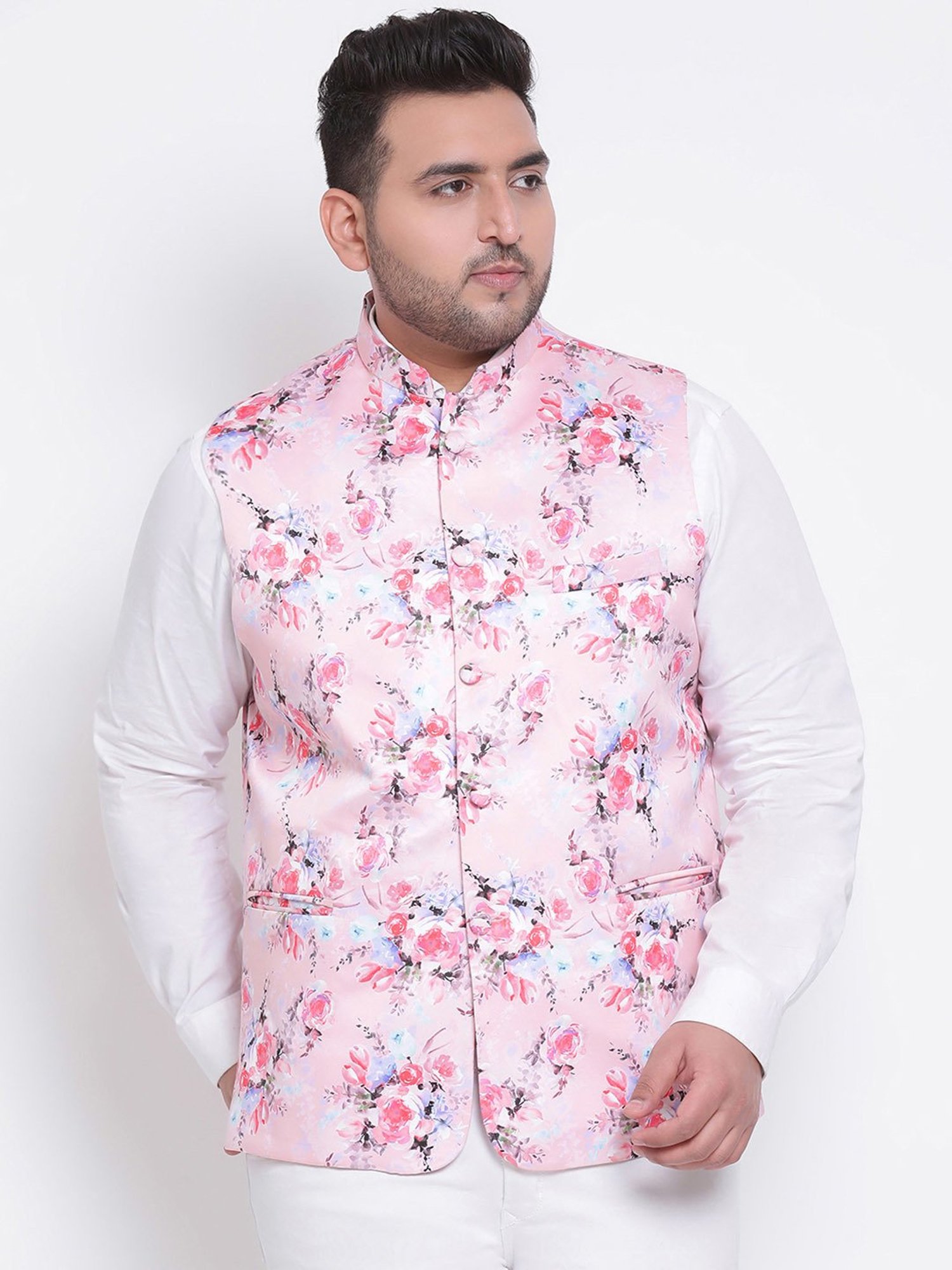 Hangup Plus Pink Regular Fit Floral Print Plus Size Nehru Jacket