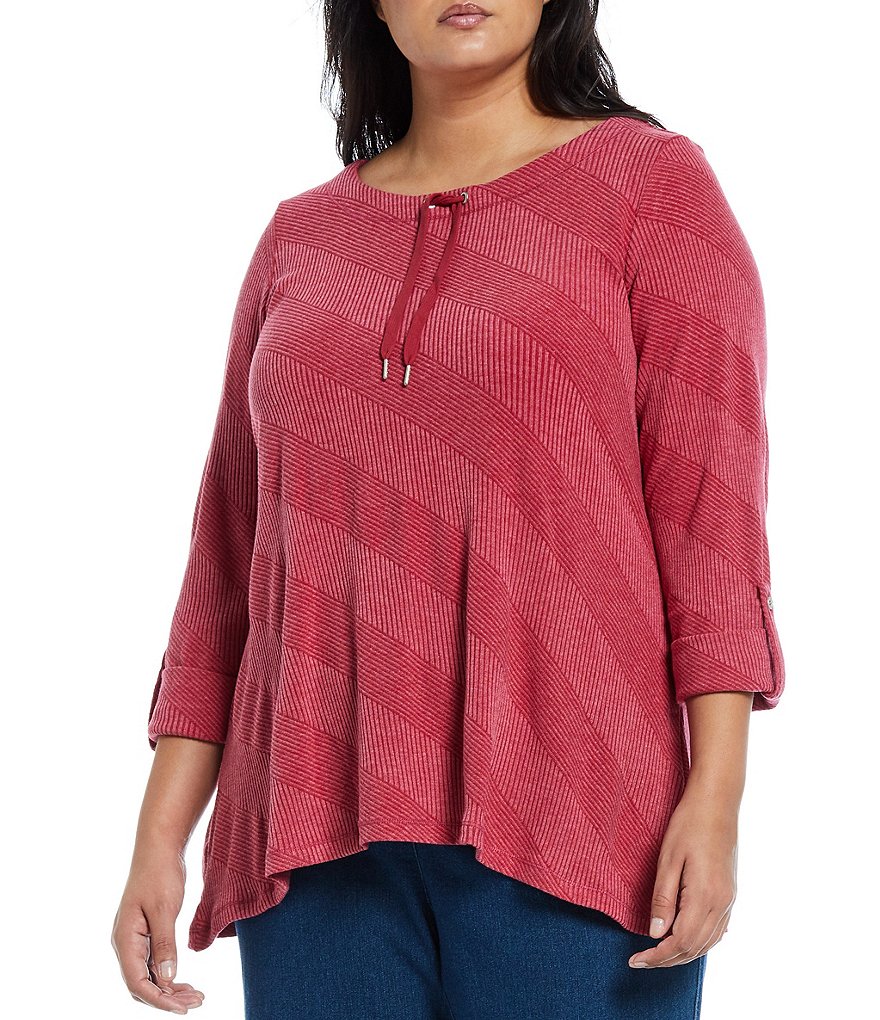 Allison Daley Plus Knit 3/4 Sleeve Rib Pattern Drawstring Round Neck Top