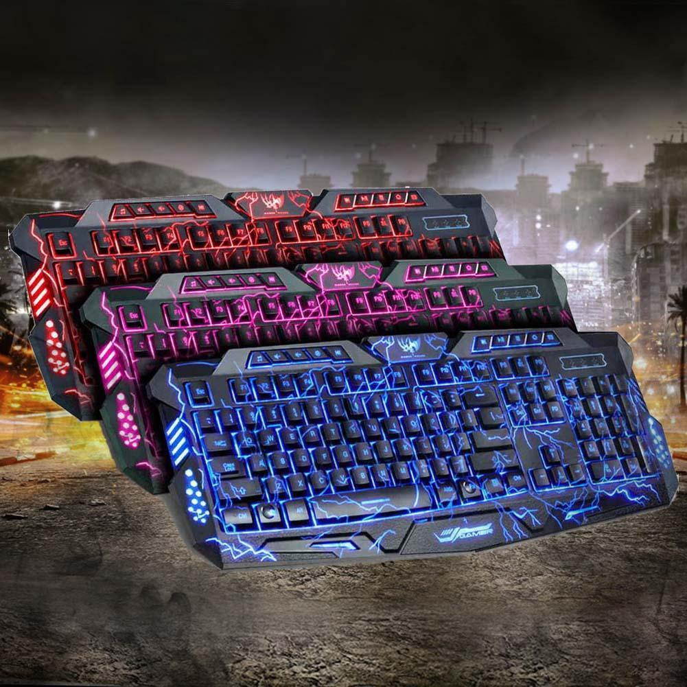 3 Colors Crack LED Backlight Wired USB Multimedia PC Gaming Keyboard Universal