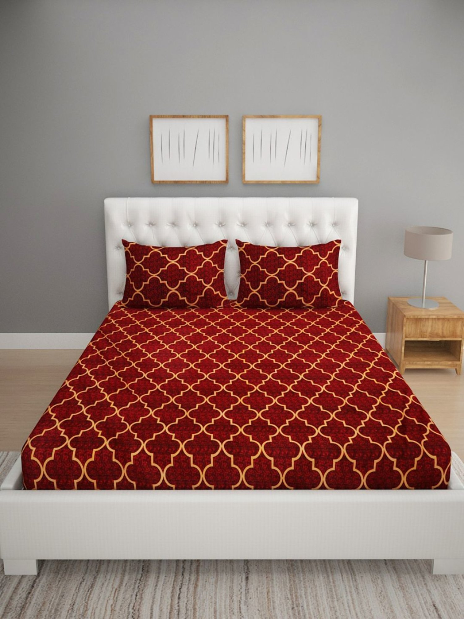 Romee Geometric Black 144 TC Cotton Queen Sized Bed Sheet with 2 Pillow Covers