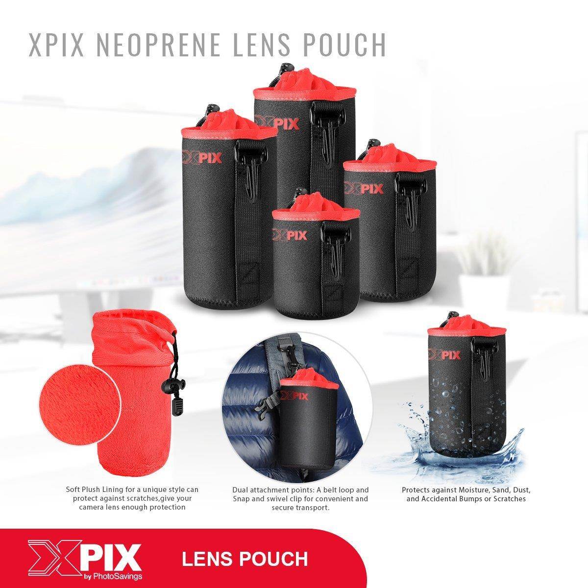 Xpix Deluxe Protector Neoprene DSLR Lens Pouch Kit (3 Pack) for Canon, Nikon, Pentax, Sony, Olympus, Panasonic, and More with Small, Medium, Large Pouches & Fibertique Cloth