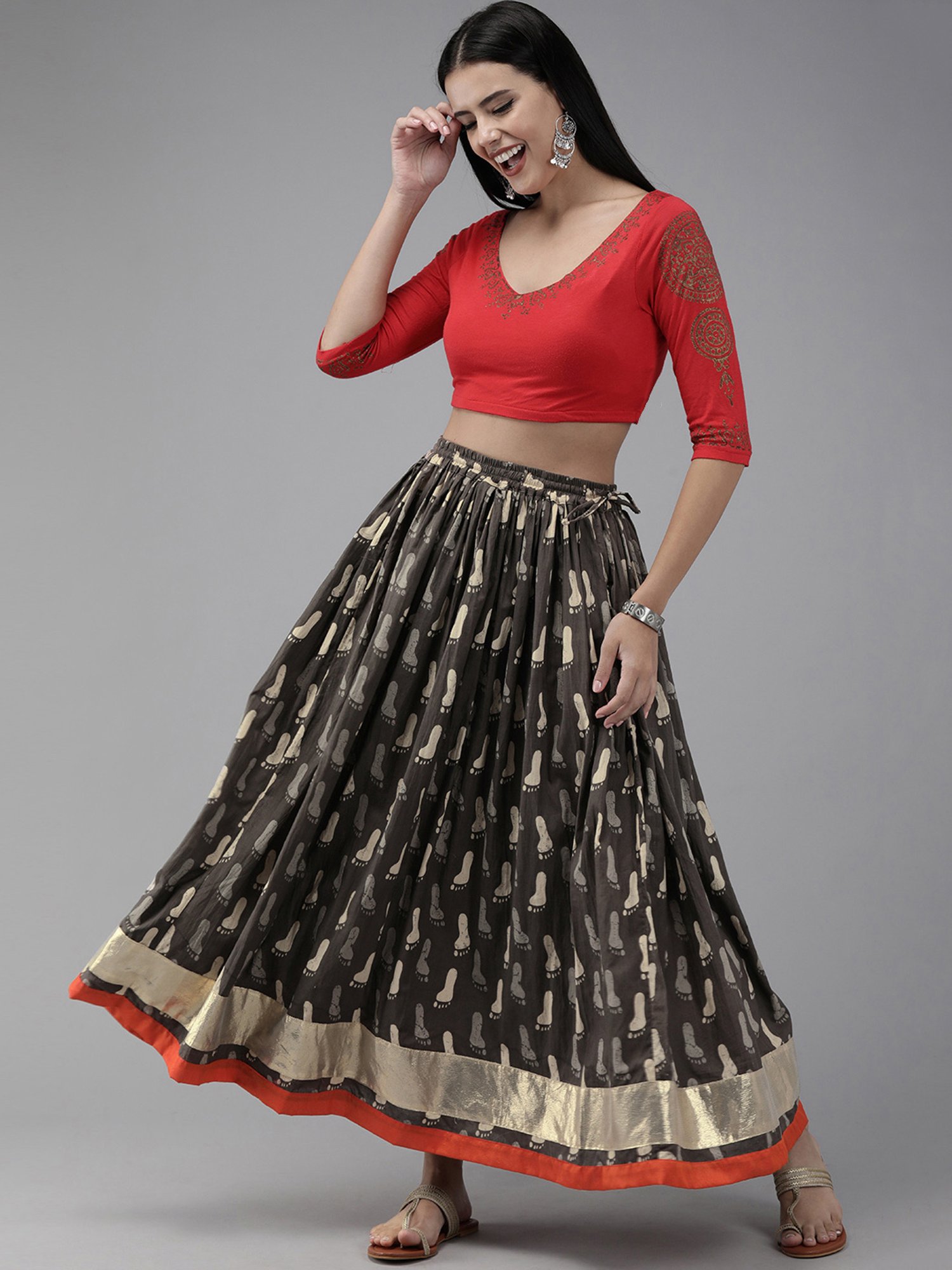 Geroo Jaipur Grey Hand Block Printed Skirt With Magzi Border