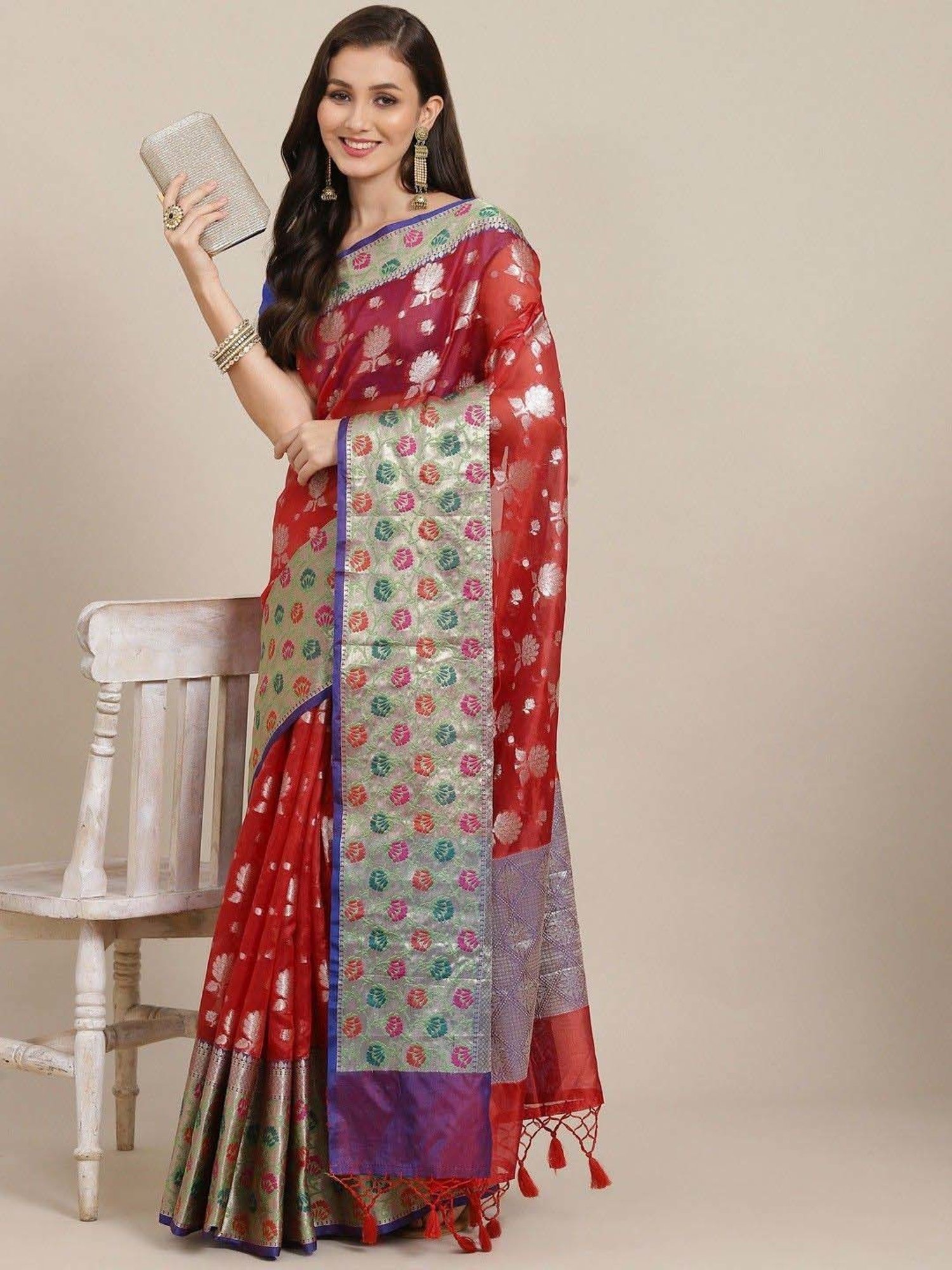 Silk Land Red Woven Saree With Unstitched Blouse