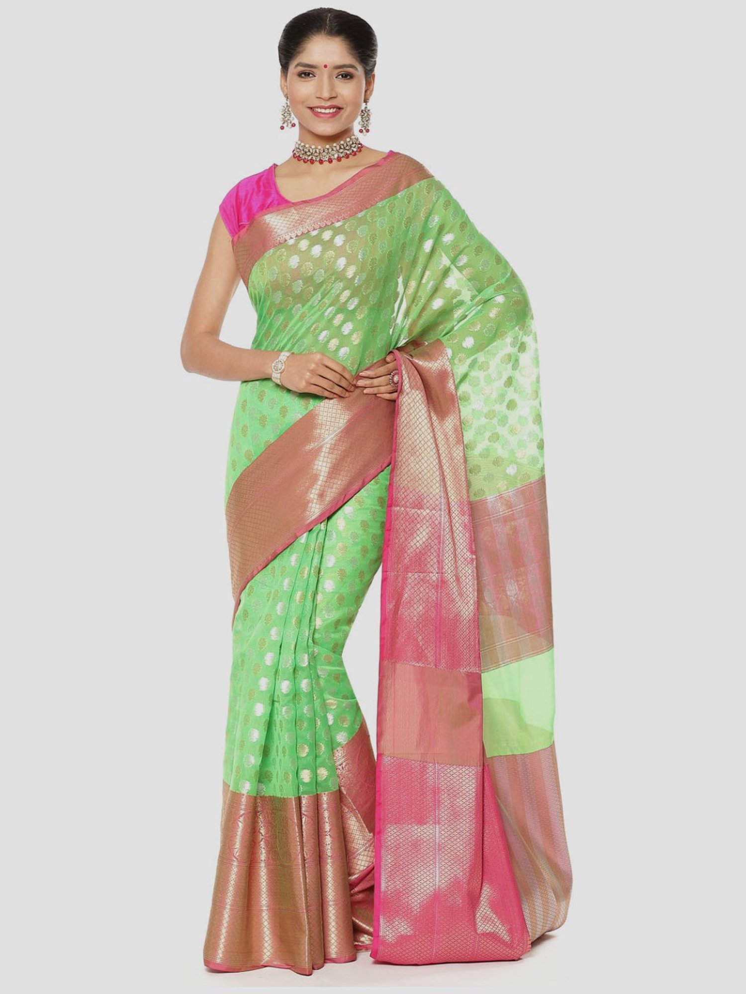 Banarasi Silk Works Green Woven Saree With Unstitched Blouse