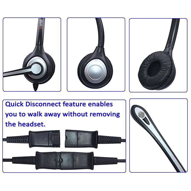 Corded Telephone RJ Headset Binaural with Noise Canceling Mic + Quick Disconnect for Call Center Telephone Systems with Plantronics M10 M12 M22 Amplifiers or Cisco 7942 Office IP Phones602QC1