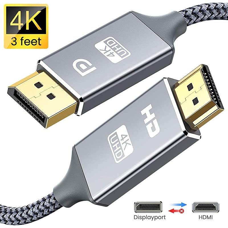 DisplayPort to HDMI Cable 10Ft 4K UHD Nylon Braided GoldPlated DPtoHDMI Unidirectional Cord DP to HDMI Male Chords Display Port to HDTV Monitor Video Cable DP Ports to HDMI Ports Connector