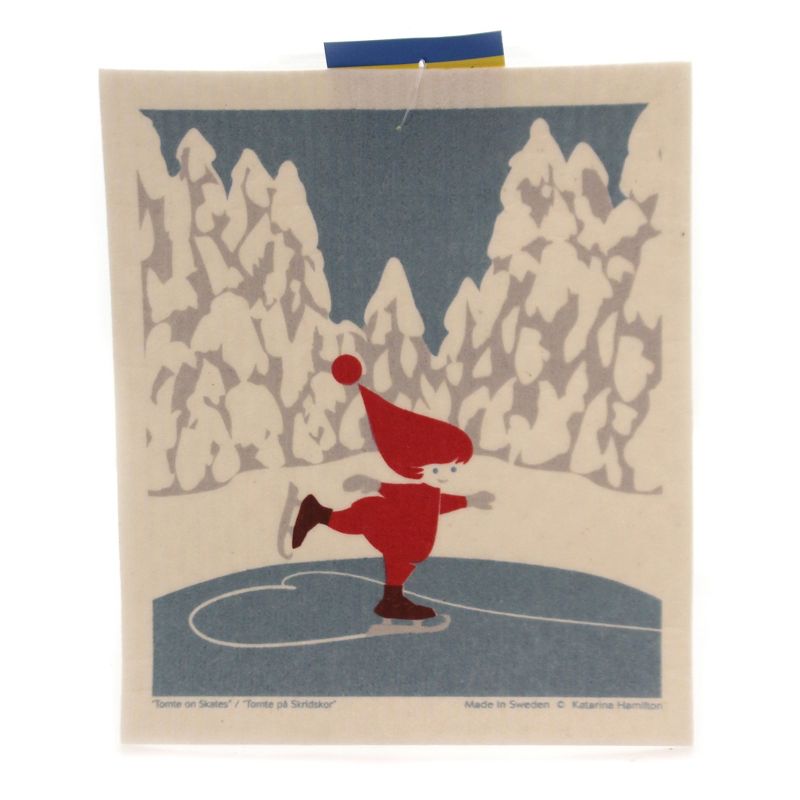Swedish Dish Cloth 8.0" Skating Tomte Winter Sport Frozen  -  Kitchen Towel