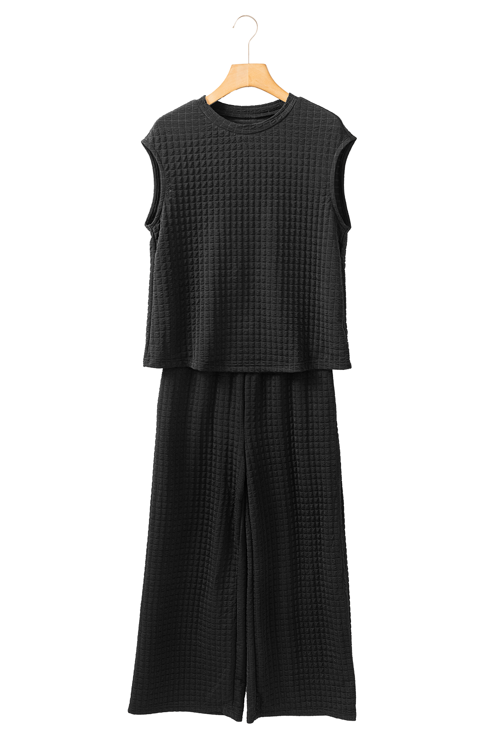 Green Solid Color Quilted Long Sleeve Top and Wide Leg Pants Set