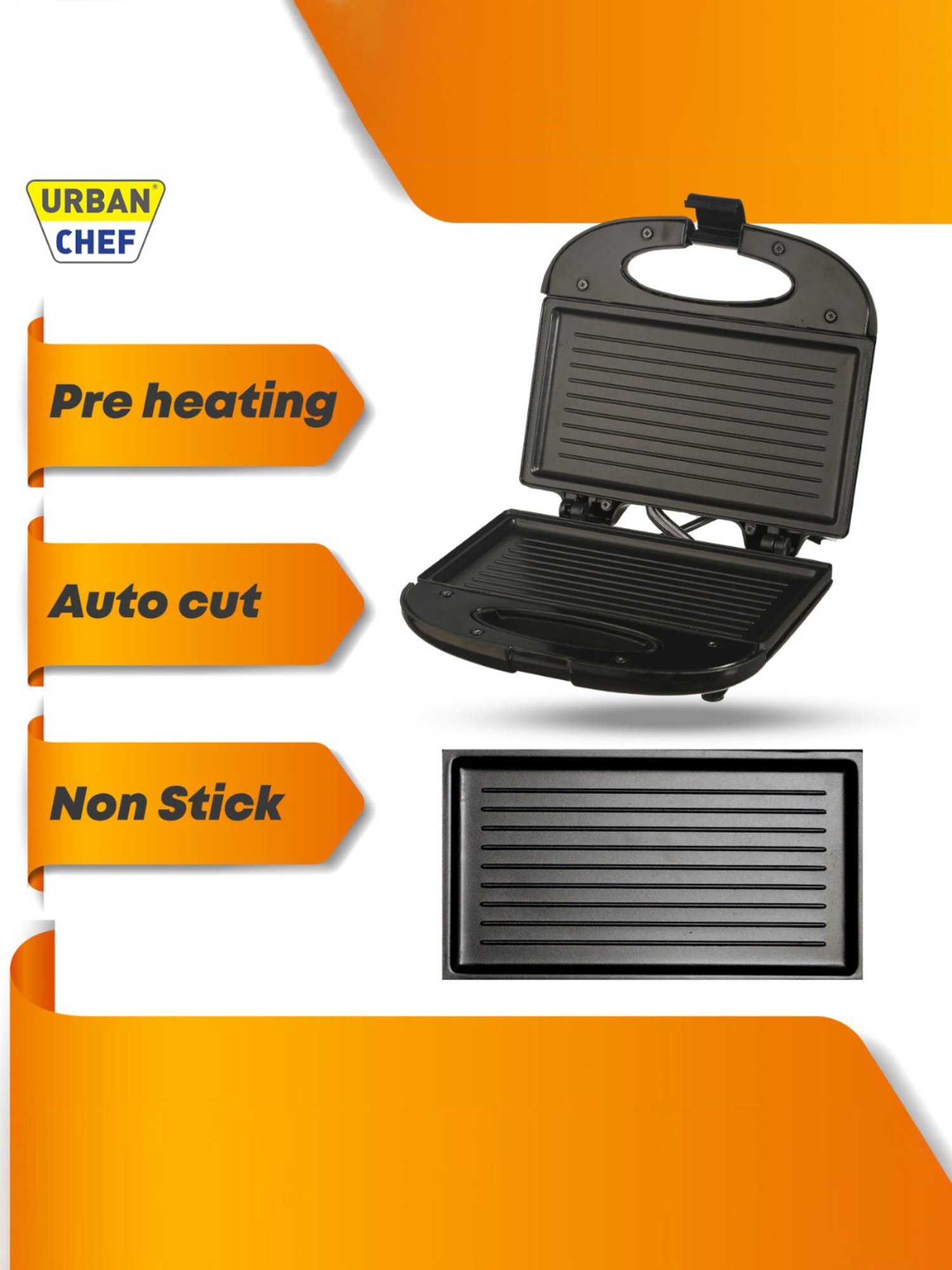 Urban Chef Sandwich Maker 750W with Non Stick Coating, Cool Touch (Black)