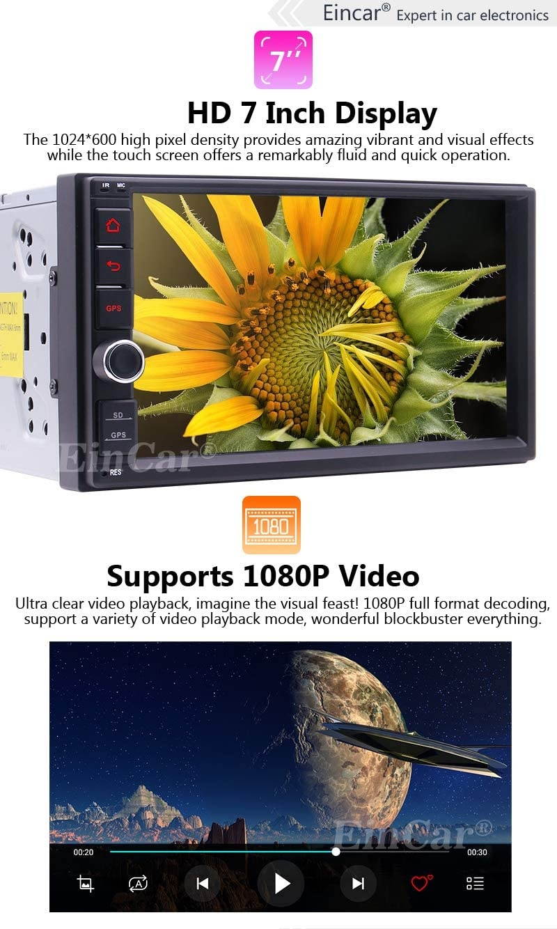 EinCar Double Din Stereo Touch Screen Car Radio Android 10.0 GPS Navigation Bluetooth 7" Digital Capacitive Touchscreen No-DVD Car Player 1G RAM+16G ROM Wifi/4G/HD 1080P Video/Mirror Link/SWC