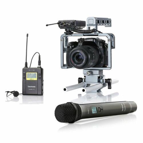 saramonic uwmic9 uhf wireless lavalier + handheld microphone system with bodypack transmitter + lav mic, handheld mic with transmitter, receiver, shoe mount, xlr/3.5mm outputs