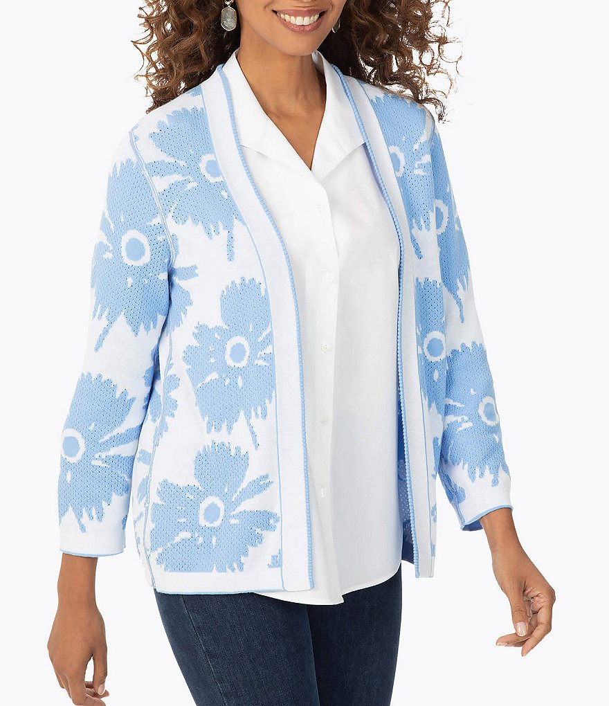 Foxcroft Bracelet Sleeve Floral Stitch Reversible Cardigan