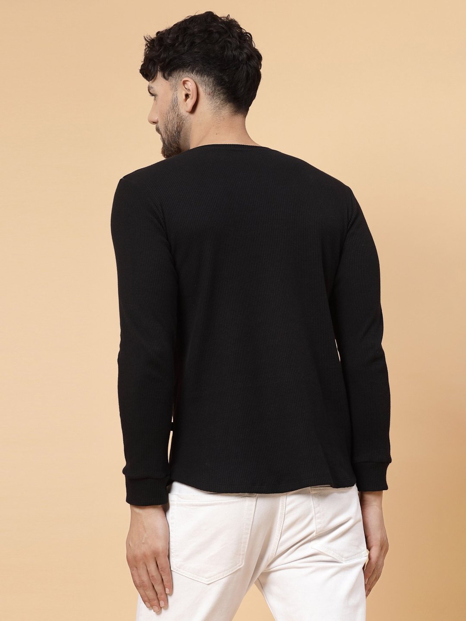 Rigo Black Regular Fit Textured Crew T-Shirt