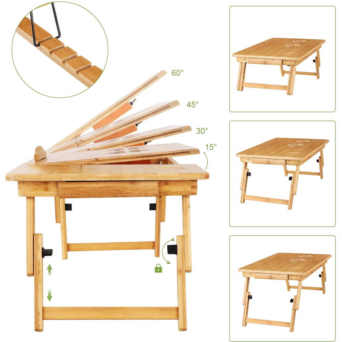 Adjustable Folding Bamboo Laptop Lap Bed Stand Table Desk Tray W/ Drawer (With 2 Fans)