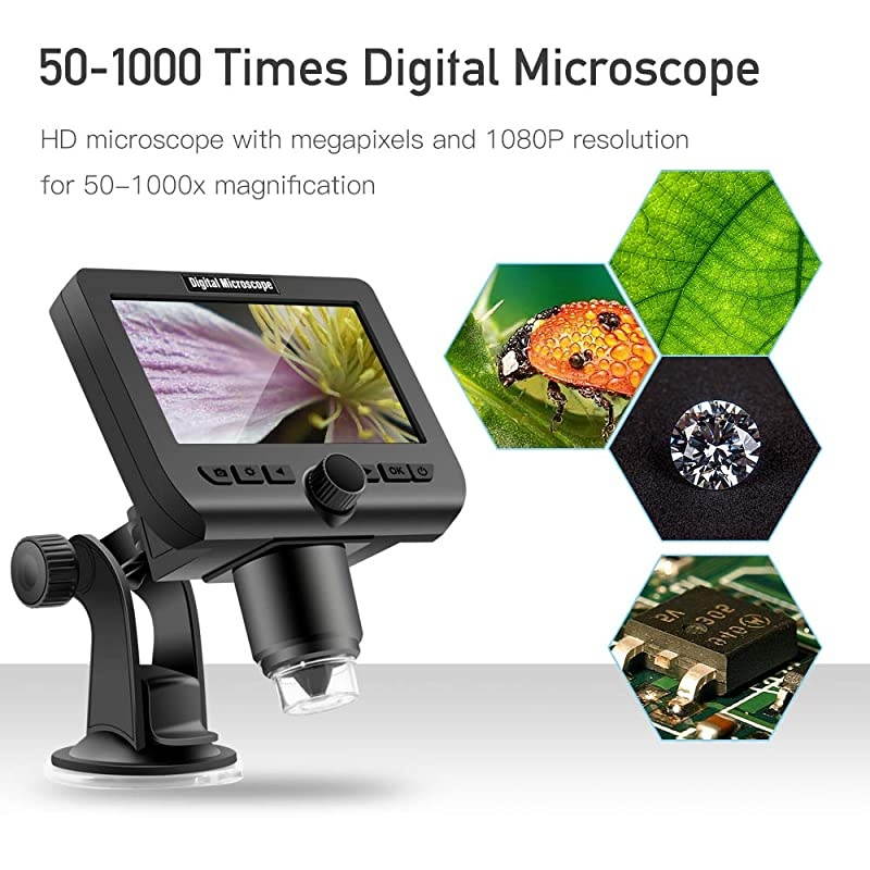 Digital Wireless Microscope,  4.3 Inches LCD USB Digital Microscope 1080P 50X to 1000X WiFi Magnification Magnifier with 8 LED Adjustable Lights