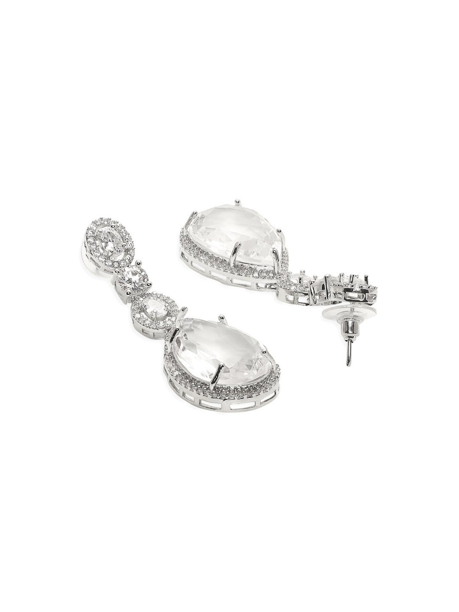 OOMPH Silver Tone American Diamond TearDrop Pendant Necklace Set with Earrings