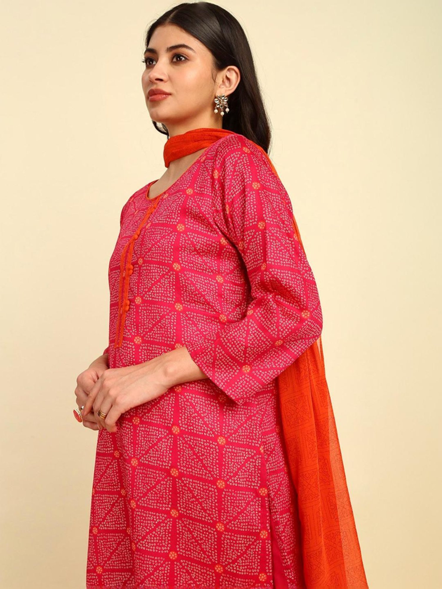 Soch Womens Fuchsia Bandhani Print Cotton Unstitched Dress Material