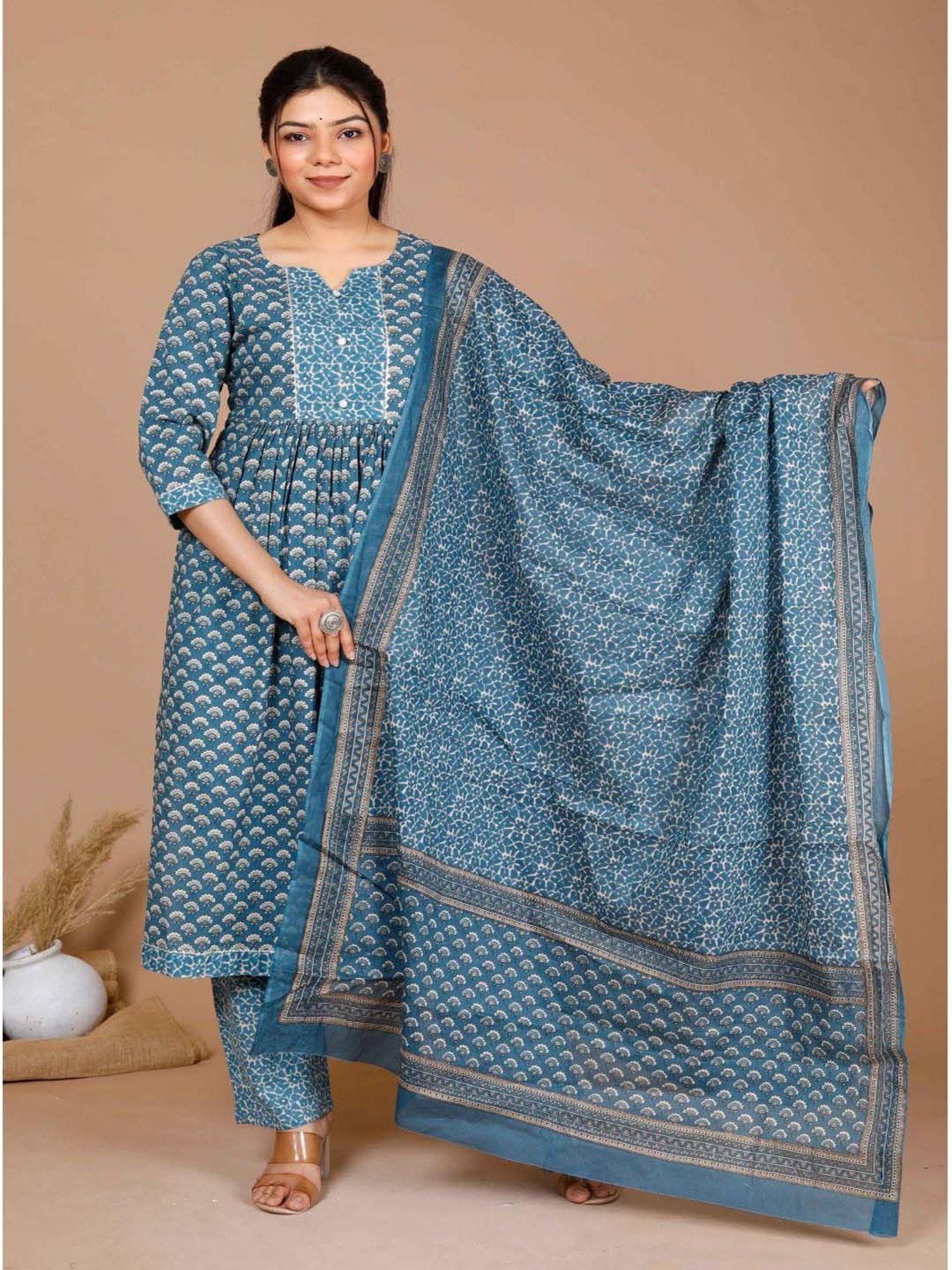 Miravan Blue Cotton Printed Kurta Pant Set With Dupatta