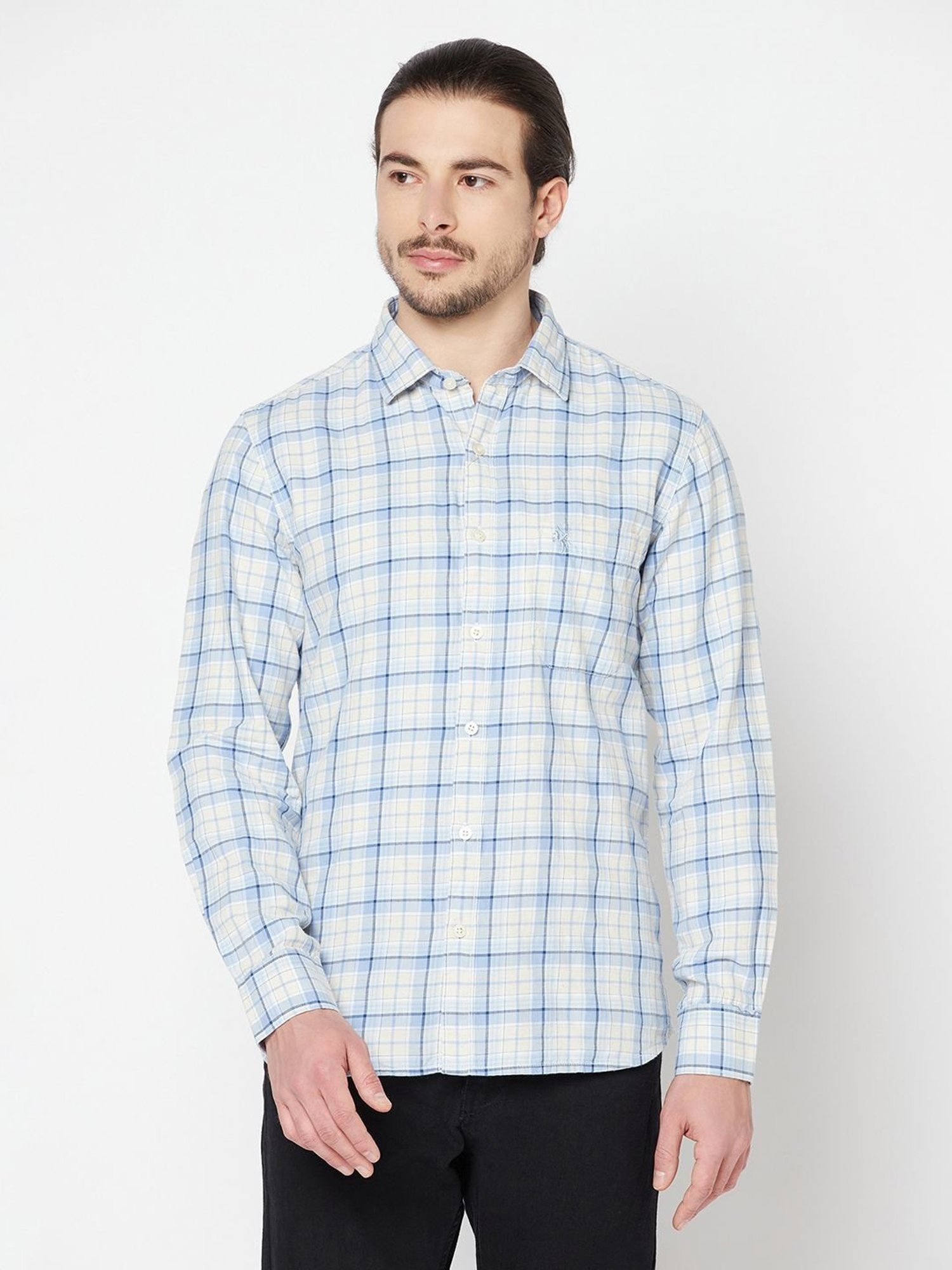 Spykar Blue Cotton Slim Fit Checks Shirt
