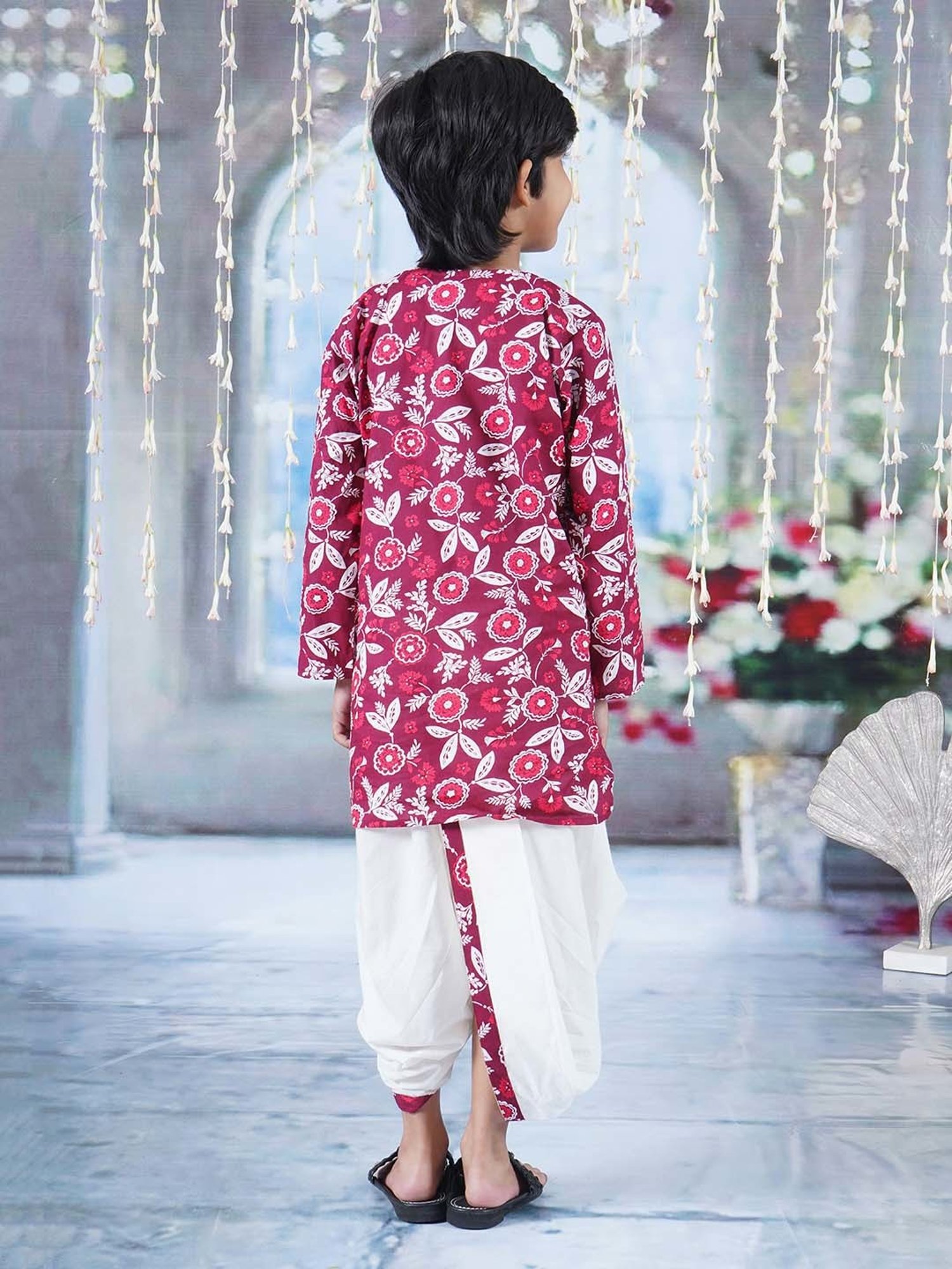 Little Bansi Maroon & White Cotton Floral Print Full Sleeves Kurta Set