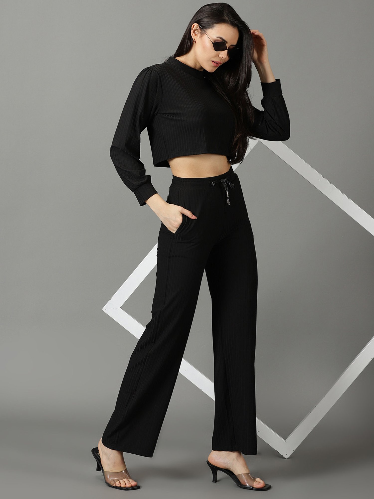 SHOWOFF Black Crop Top With Pants