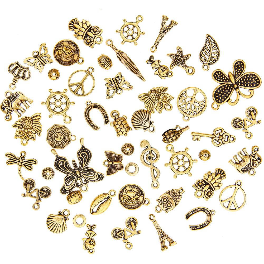50 Pcs/Set Lots Antique Gold Mixed Styles Charm Pendants DIY Jewelry for Necklace Bracelet Craft Findings Making