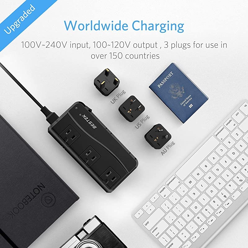 Universal Travel Adapter 220V to 110V Voltage Converter with 6A 4Port USB Charging and UKAUUSEU Worldwide Plug Adapter Black