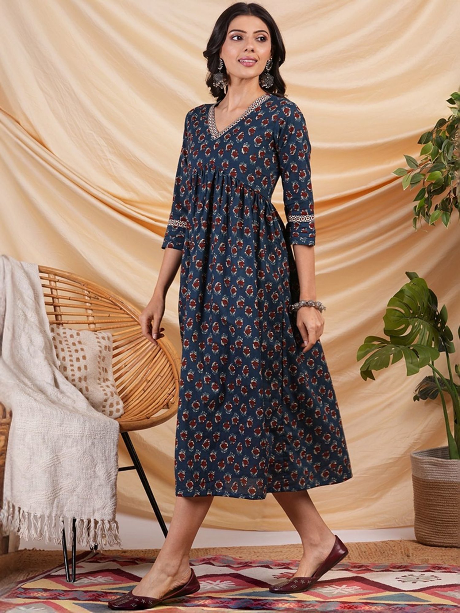 Kami Kubi Blue Cotton Printed A-Line Dress